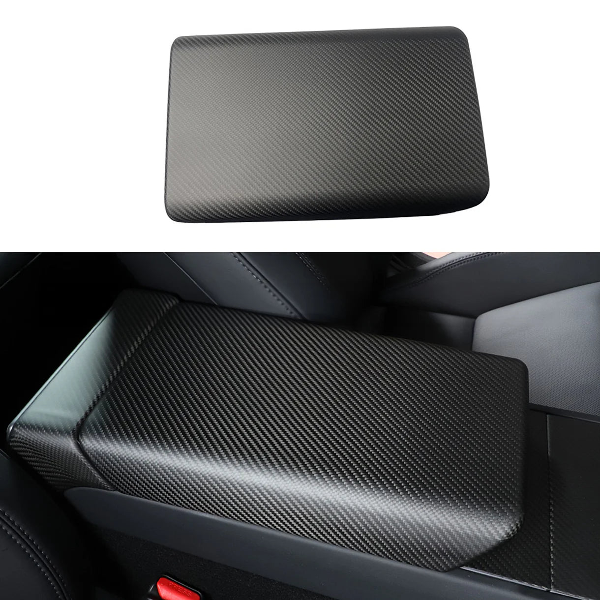 Genuine Real Carbon Fiber Armrest Cover Overlay for Tesla Model Y Juniper 2025+ | OEM-Fit Center Console Armrest Protector in Glossy or Matte Finish | 2x2 Twill & Plain Weave Options