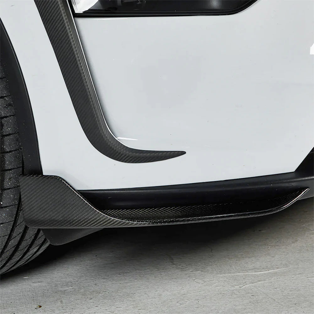 Real Carbon Fiber Front Lip Splitters for 2025+ Tesla Model Y Juniper (March 2025-Up) – Aerodynamic Front Bumper Side Canards Body Kit Upgrade | Gloss Carbon Fiber Exterior Styling Trim