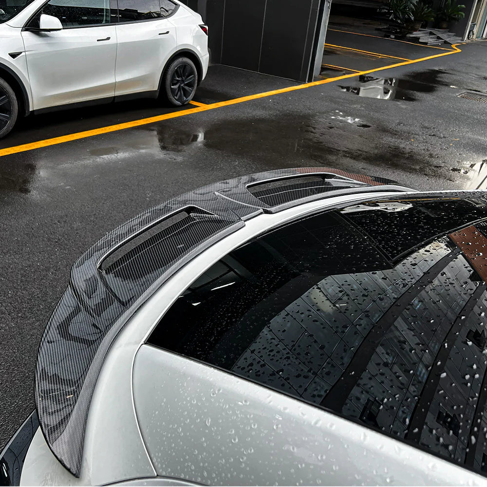Tesla Model Y Juniper 2025+ Real Carbon Fiber Rear Spoiler Wing – Dual Air Outlet Aerodynamic Trunk Lip | Lightweight Performance Upgrade with 3M Adhesive Installation