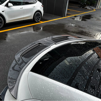 Tesla Model Y Juniper 2025+ Real Carbon Fiber Rear Spoiler Wing – Dual Air Outlet Aerodynamic Trunk Lip | Lightweight Performance Upgrade with 3M Adhesive Installation