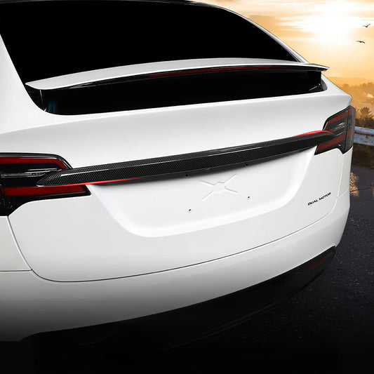 Real Carbon Fiber Tailgate Trunk Lid Trim Cover for Tesla Model X 2021–2026 | Glossy OEM-Style Rear Chrome Delete Exterior Styling Accent | Easy Install 3M Adhesive Overlay