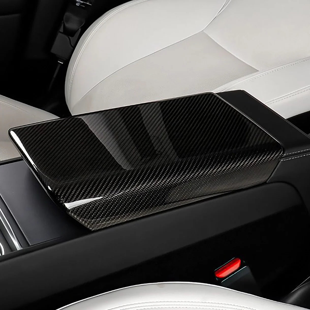 Genuine Real Carbon Fiber Armrest Cover Overlay for Tesla Model Y Juniper 2025+ | OEM-Fit Center Console Armrest Protector in Glossy or Matte Finish | 2x2 Twill & Plain Weave Options