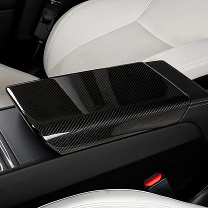 Genuine Real Carbon Fiber Armrest Cover Overlay for Tesla Model Y Juniper 2025+ | OEM-Fit Center Console Armrest Protector in Glossy or Matte Finish | 2x2 Twill & Plain Weave Options