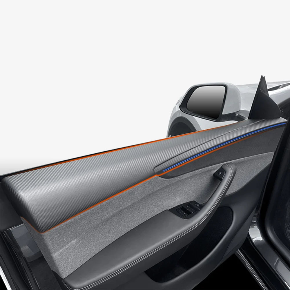 Real Dry Carbon Fiber Door Panel Trim Covers for 2026+ Tesla Model Y Juniper – Front & Rear Interior Upper Door Garnish with OEM Ambient Light Compatibility, 2x2 Twill & 1x1 Plain Weave Finish