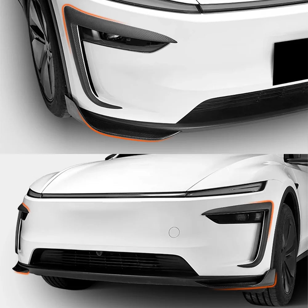 Real Carbon Fiber Front Lip Splitters for 2025+ Tesla Model Y Juniper (March 2025-Up) – Aerodynamic Front Bumper Side Canards Body Kit Upgrade | Gloss Carbon Fiber Exterior Styling Trim