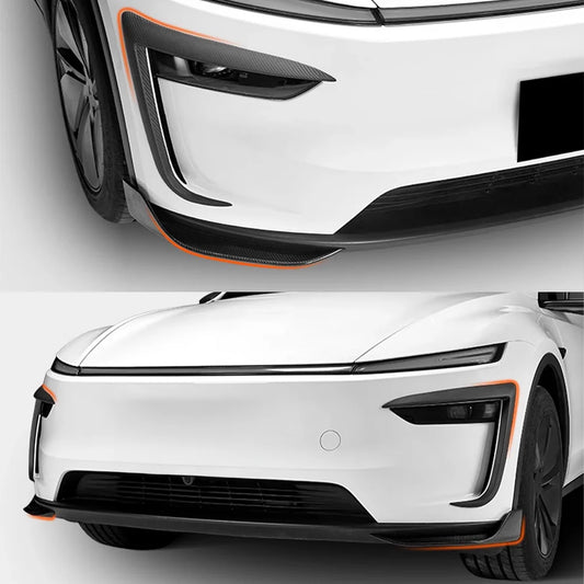 Real Carbon Fiber Front Lip Splitters for 2025+ Tesla Model Y Juniper (March 2025-Up) – Aerodynamic Front Bumper Side Canards Body Kit Upgrade | Gloss Carbon Fiber Exterior Styling Trim