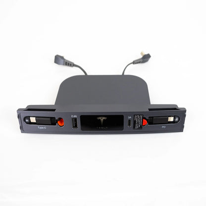 Tesla Model 3 & Model Y Center Console USB-C Docking Hub Charger with Dual Retractable Cables (27W Fast Charging) – OEM Grey Finish | 2021–2023 Model 3 & 2021–2024 Model Y
