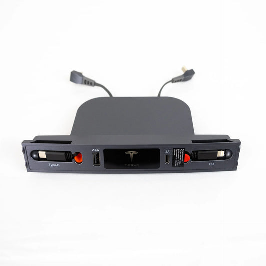 Tesla Model 3 & Model Y Center Console USB-C Docking Hub Charger with Dual Retractable Cables (27W Fast Charging) – OEM Grey Finish | 2021–2023 Model 3 & 2021–2024 Model Y