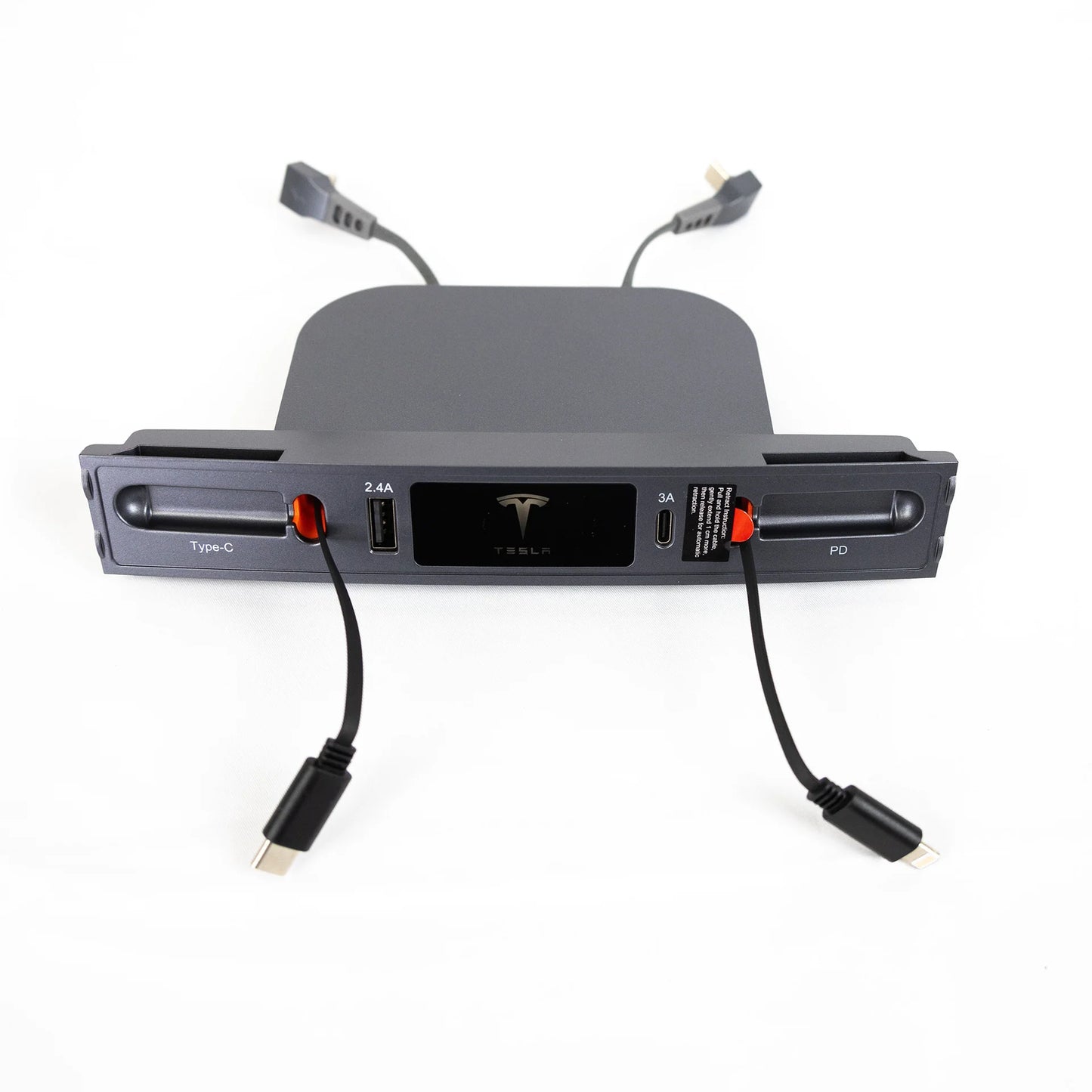 Tesla Model 3 & Model Y Center Console USB-C Docking Hub Charger with Dual Retractable Cables (27W Fast Charging) – OEM Grey Finish | 2021–2023 Model 3 & 2021–2024 Model Y