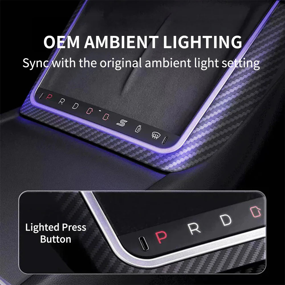 Smart Center Console Button Panel for 2025.03+ Tesla Model Y Juniper – Model X-Inspired Gear Selector Upgrade with LED Ambient Lighting, Physical Shortcut Controls for Drive/Reverse/Park, Door Access, Climate & Performance Functions