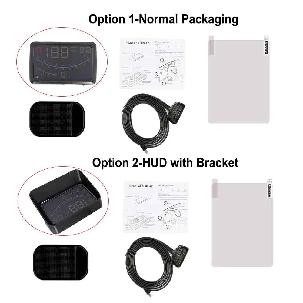 Choose between normal Vjoycar HUD package with head-up display and bracket or advanced option with 30-degree up tilt and 2881 resolution.