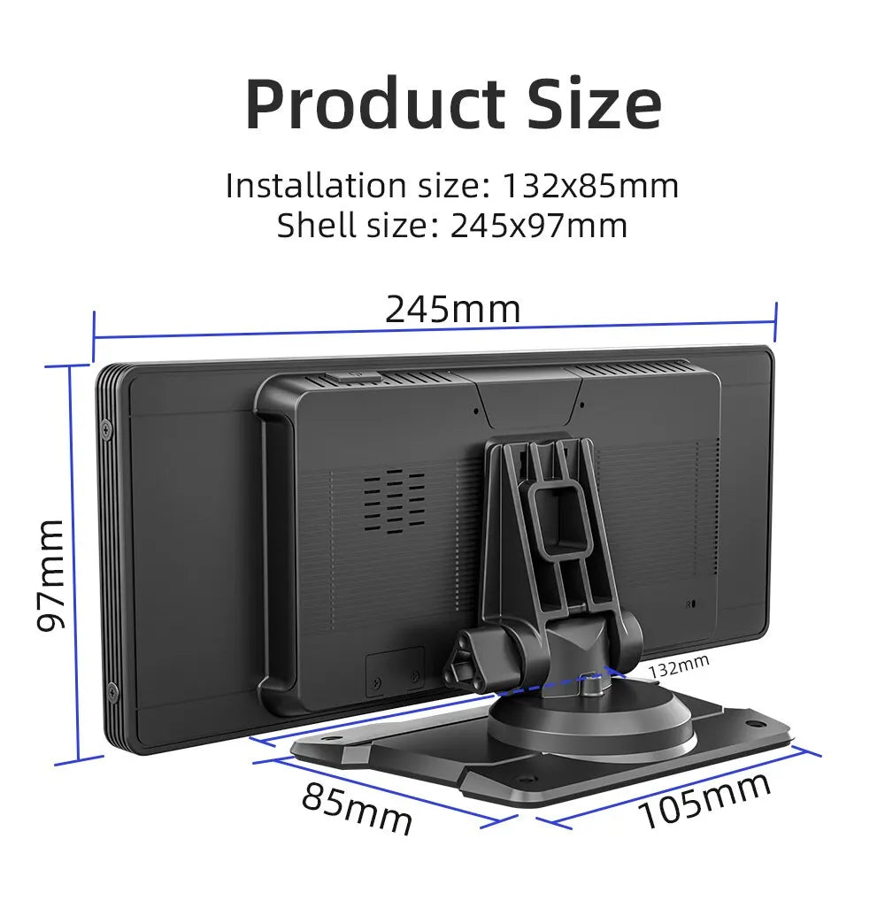 Compact car radio measures 245mm in length, 132mm wide, and 85mm high.