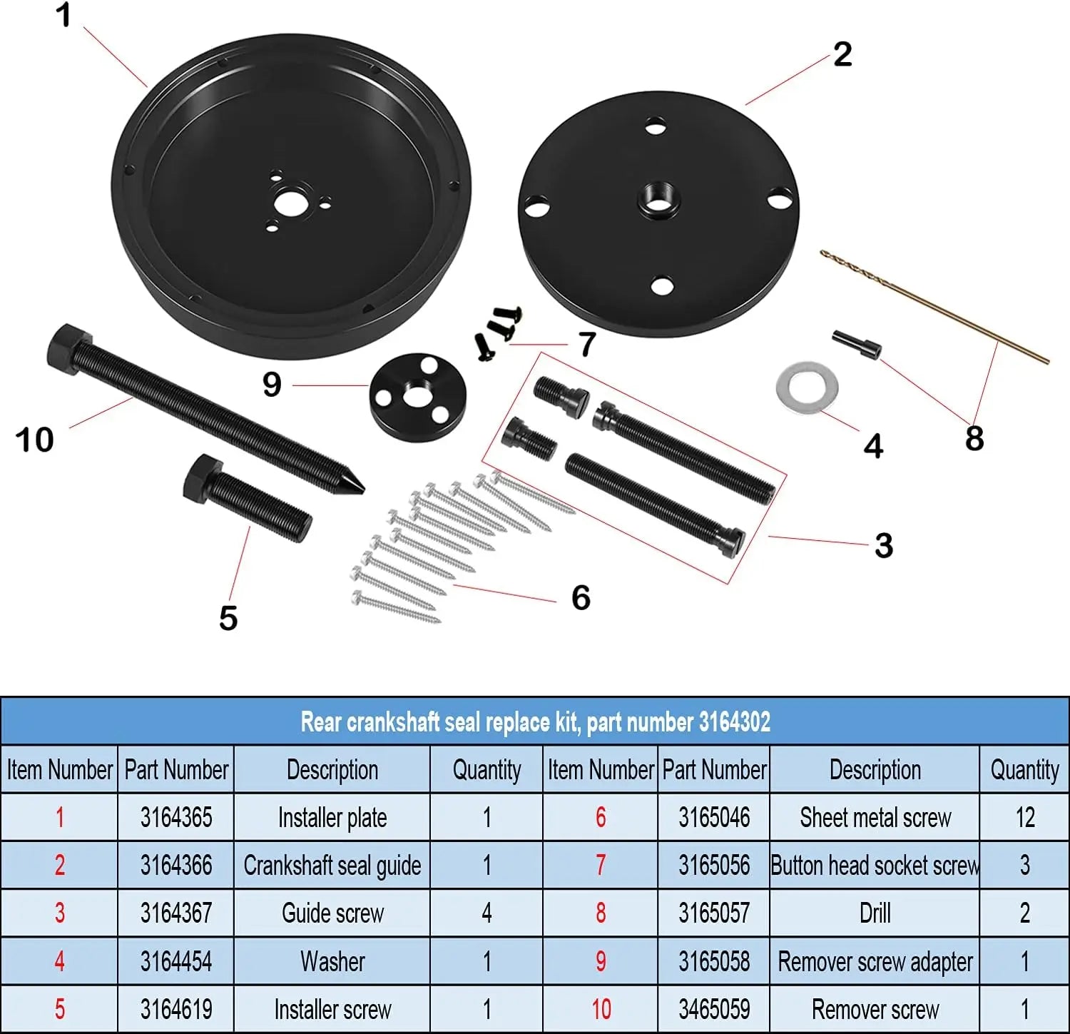 Cummins ST-221 Oil Seal Tool Kit contains various parts for rear crankshaft seal replacement.