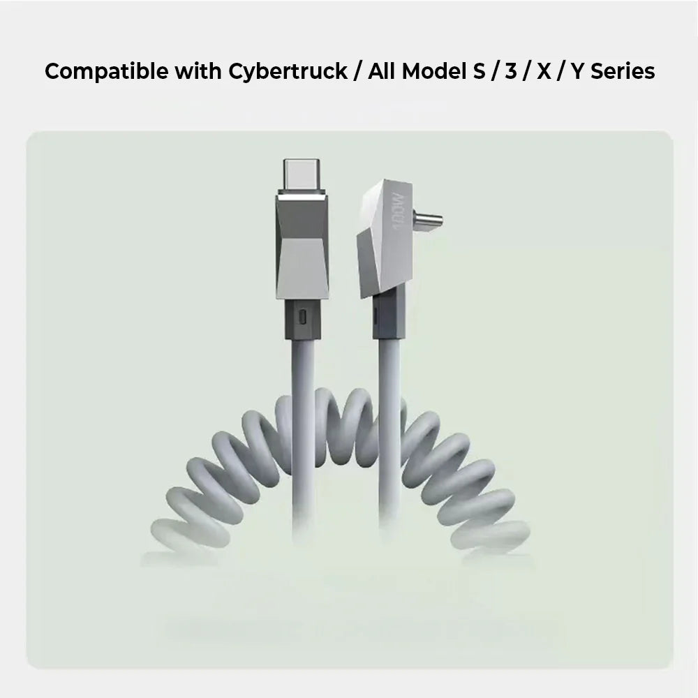 Cybertruck Style Retractable USB-C Cable 100W PD Fast Charging with Magnetic Holder for Tesla Model S / Model 3 / Model X / Model Y / Cybertruck (Coiled 4FT Cable + Lightning Adapter)