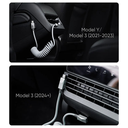 Cybertruck Style Retractable USB-C Cable 100W PD Fast Charging with Magnetic Holder for Tesla Model S / Model 3 / Model X / Model Y / Cybertruck (Coiled 4FT Cable + Lightning Adapter)