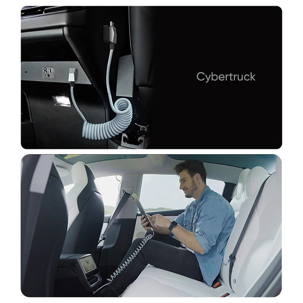 Cybertruck Style Retractable USB-C Cable 100W PD Fast Charging with Magnetic Holder for Tesla Model S / Model 3 / Model X / Model Y / Cybertruck (Coiled 4FT Cable + Lightning Adapter)