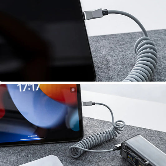Cybertruck Style Retractable USB-C Cable 100W PD Fast Charging with Magnetic Holder for Tesla Model S / Model 3 / Model X / Model Y / Cybertruck (Coiled 4FT Cable + Lightning Adapter)