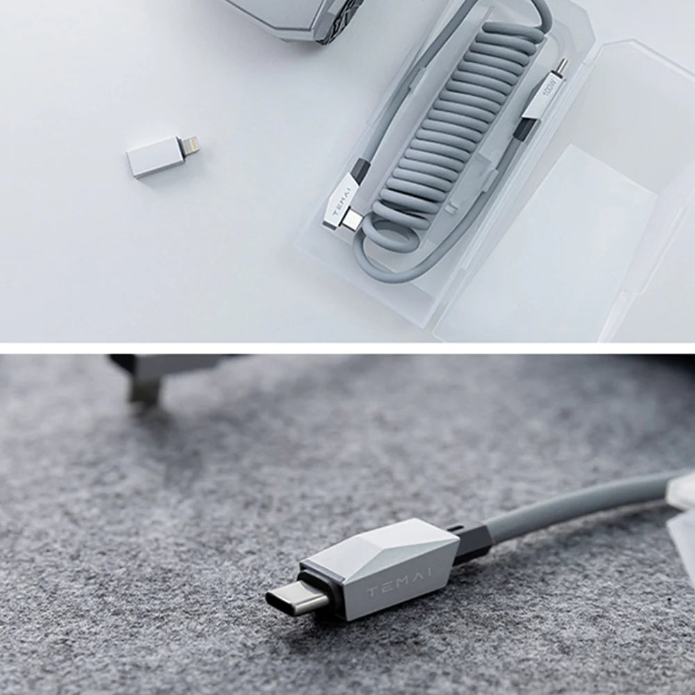 Cybertruck Style Retractable USB-C Cable 100W PD Fast Charging with Magnetic Holder for Tesla Model S / Model 3 / Model X / Model Y / Cybertruck (Coiled 4FT Cable + Lightning Adapter)