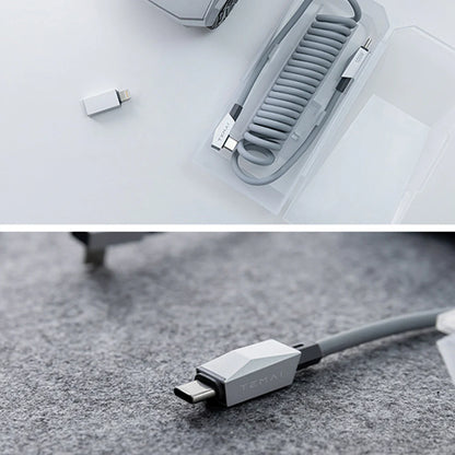 Cybertruck Style Retractable USB-C Cable 100W PD Fast Charging with Magnetic Holder for Tesla Model S / Model 3 / Model X / Model Y / Cybertruck (Coiled 4FT Cable + Lightning Adapter)