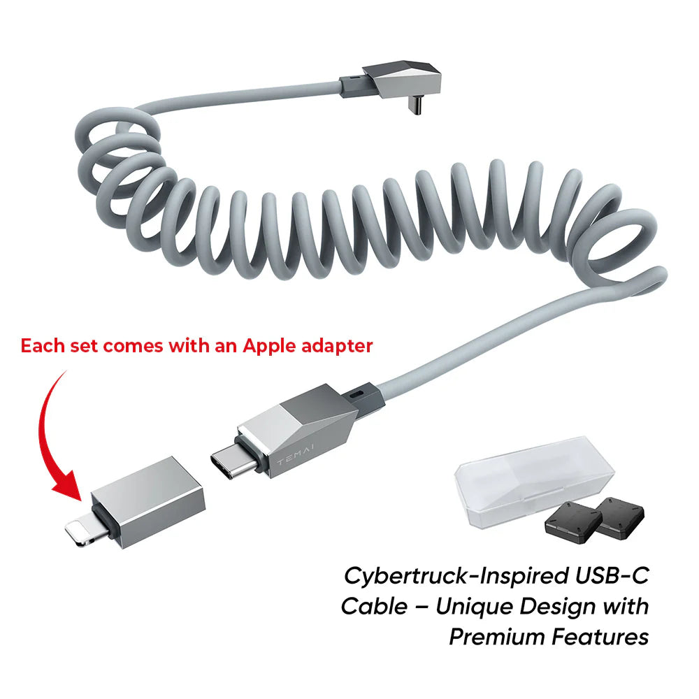 Cybertruck Style Retractable USB-C Cable 100W PD Fast Charging with Magnetic Holder for Tesla Model S / Model 3 / Model X / Model Y / Cybertruck (Coiled 4FT Cable + Lightning Adapter)