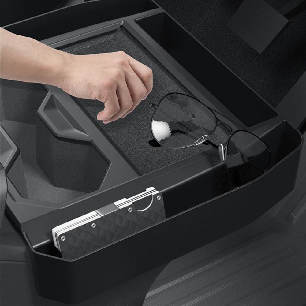 2024+ Tesla Cybertruck Center Console Side Storage Organizer with Upgraded Side Pockets – Custom Interior Console Tray for Phone, Sunglasses, Cards, AirPods & Daily Essentials