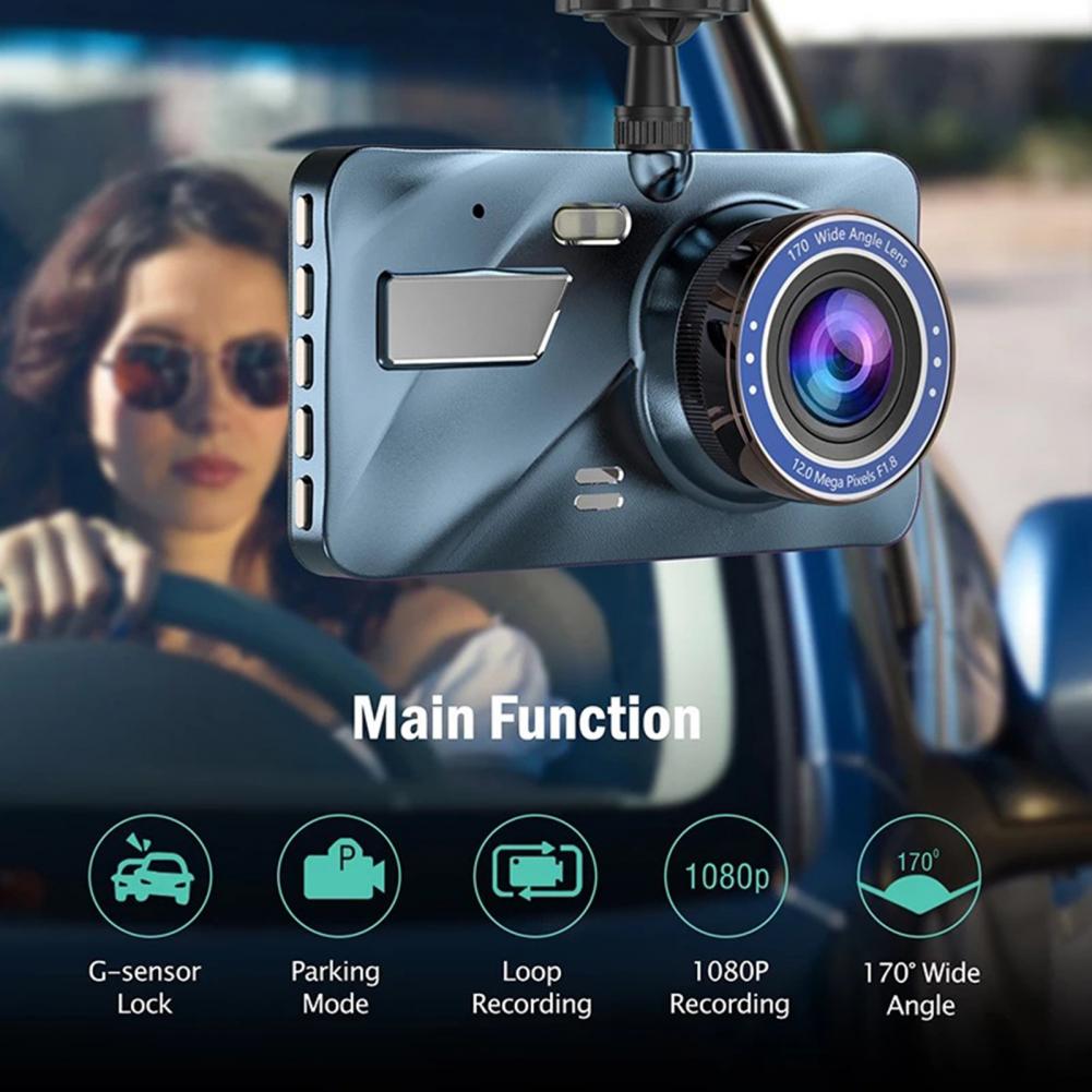 Dash cam with main function, 170-inch display, records in 1080p, and features G-sensor, parking mode, wide angle lens, and lock mode.