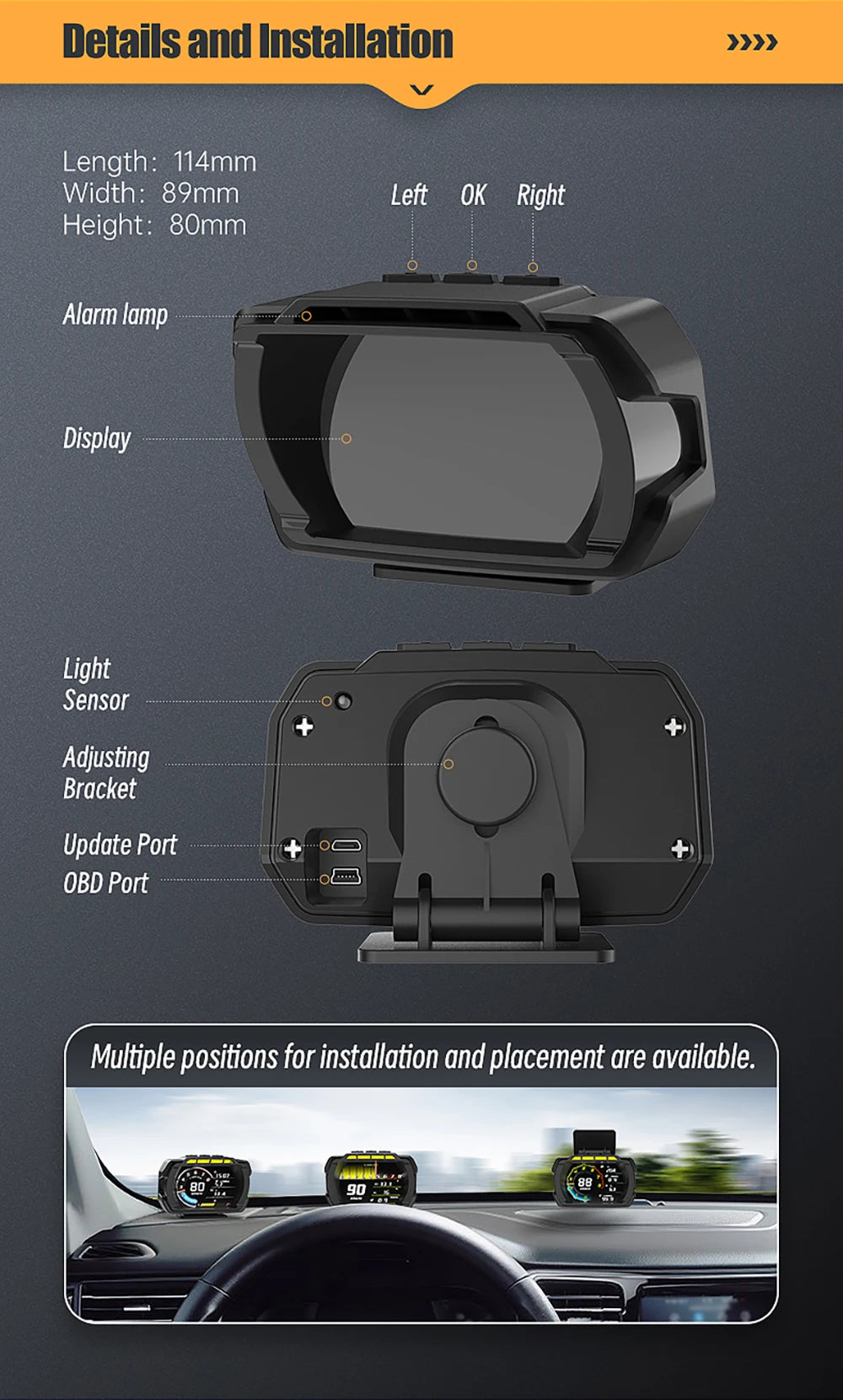 Device details: 114mm x 89mm x 80mm, features alarm lamp, display, light, sensor, updating port, OBD port, and multiple installation positions.