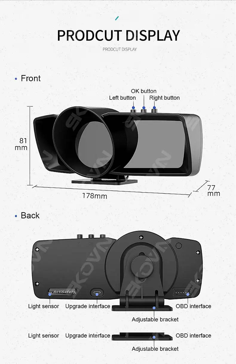 DualScreen OBD2 HUD with buttons, display, and adjustable bracket featuring sensors and upgrade interfaces.