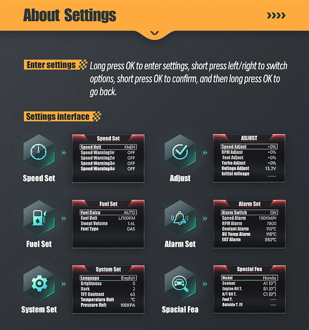 Enter settings by pressing OK to enter, then adjust options like speed, fuel, and more using short presses.