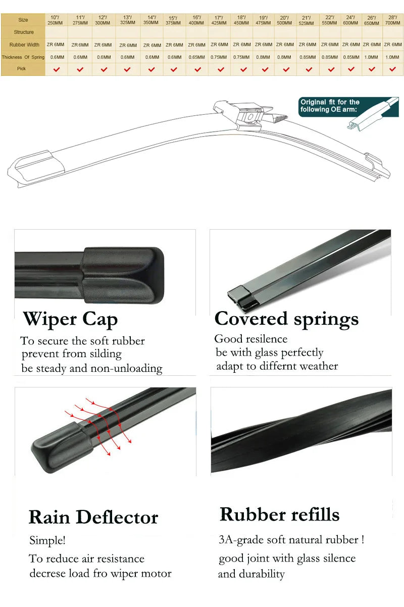 Erick's Front & Rear Wiper, Erick rear wiper product image features original fit springs for soft rubber refills, reducing air resistance and increasing durability.