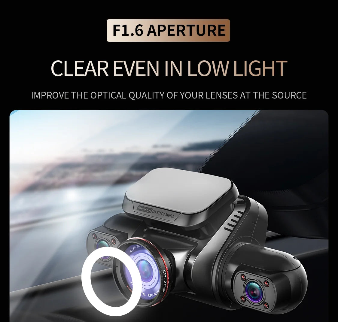 FONDIM Mini Hidden Car Dash Cam M8S 4CH DVR, Capture clear footage even in low light with the F1.6 aperture lens and improve optical quality.