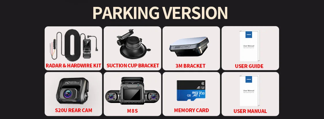 FONDIM Mini Hidden Car Dash Cam M8S 4CH DVR, Fondim M8S Car Dash Cam features parking version, radar & hardwire kit, suction cup bracket, and 3M bracket, with user guide included.