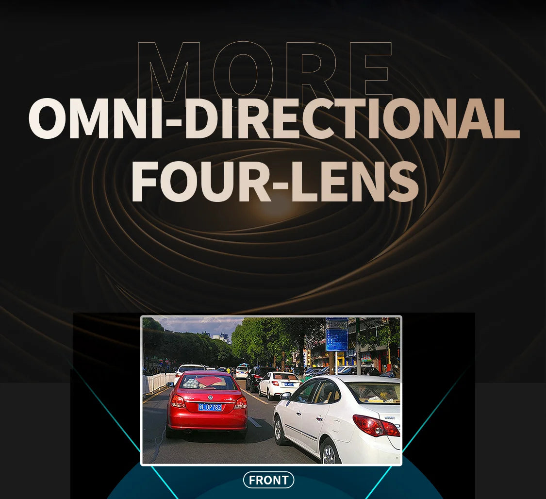 FONDIM Mini Hidden Car Dash Cam M8S 4CH DVR, Front-facing dash cam with omnidirectional lenses, Bluetooth, and night vision for high-quality video recording.