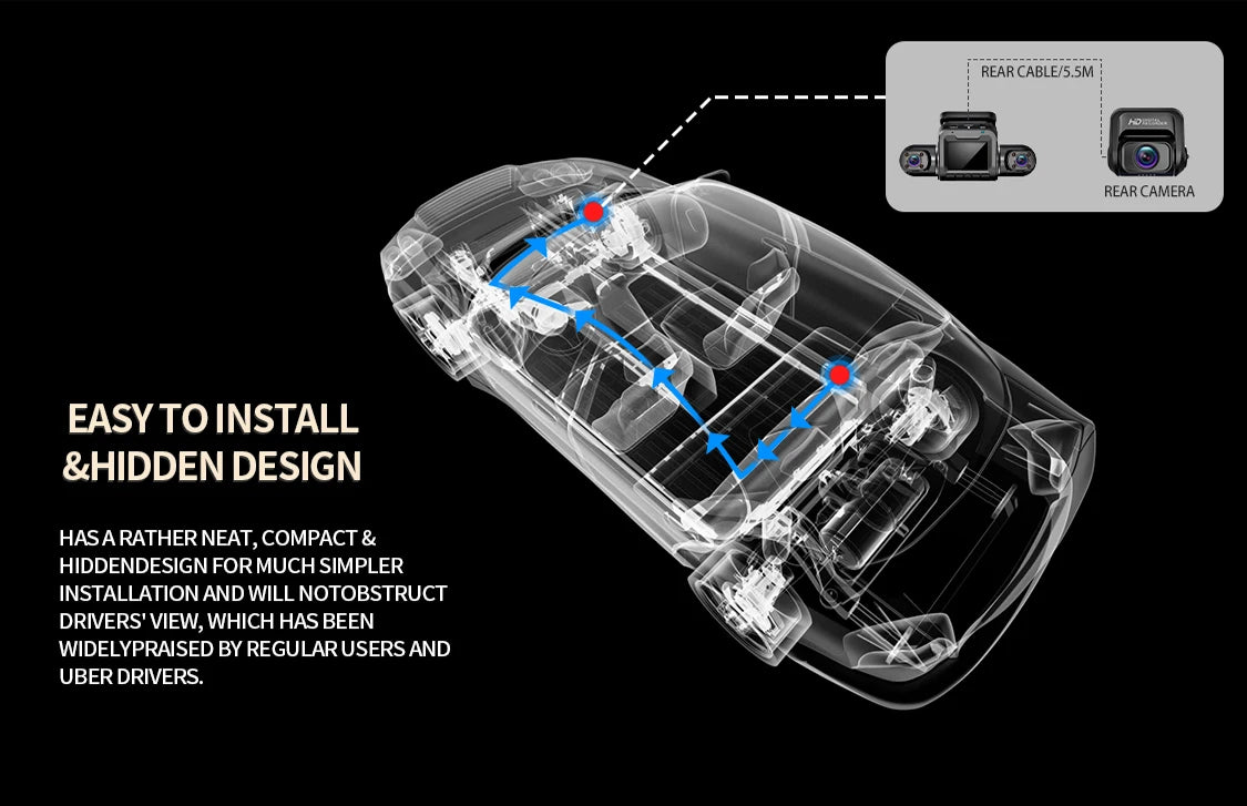 FONDIM Mini Hidden Car Dash Cam M8S 4CH DVR, The REAR CABLE/SM LJ5t rear camera features easy installation and a hidden design that simplifies the process.