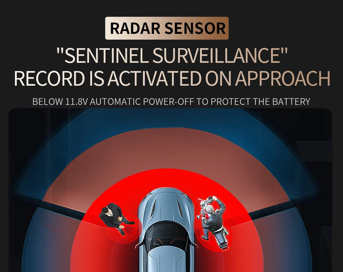 FONDIM Mini Hidden Car Dash Cam M8S 4CH DVR, The Sentinel Surveillance radar sensor power-off feature activates when approaching low voltage (below 11.8V) to protect the battery from damage.