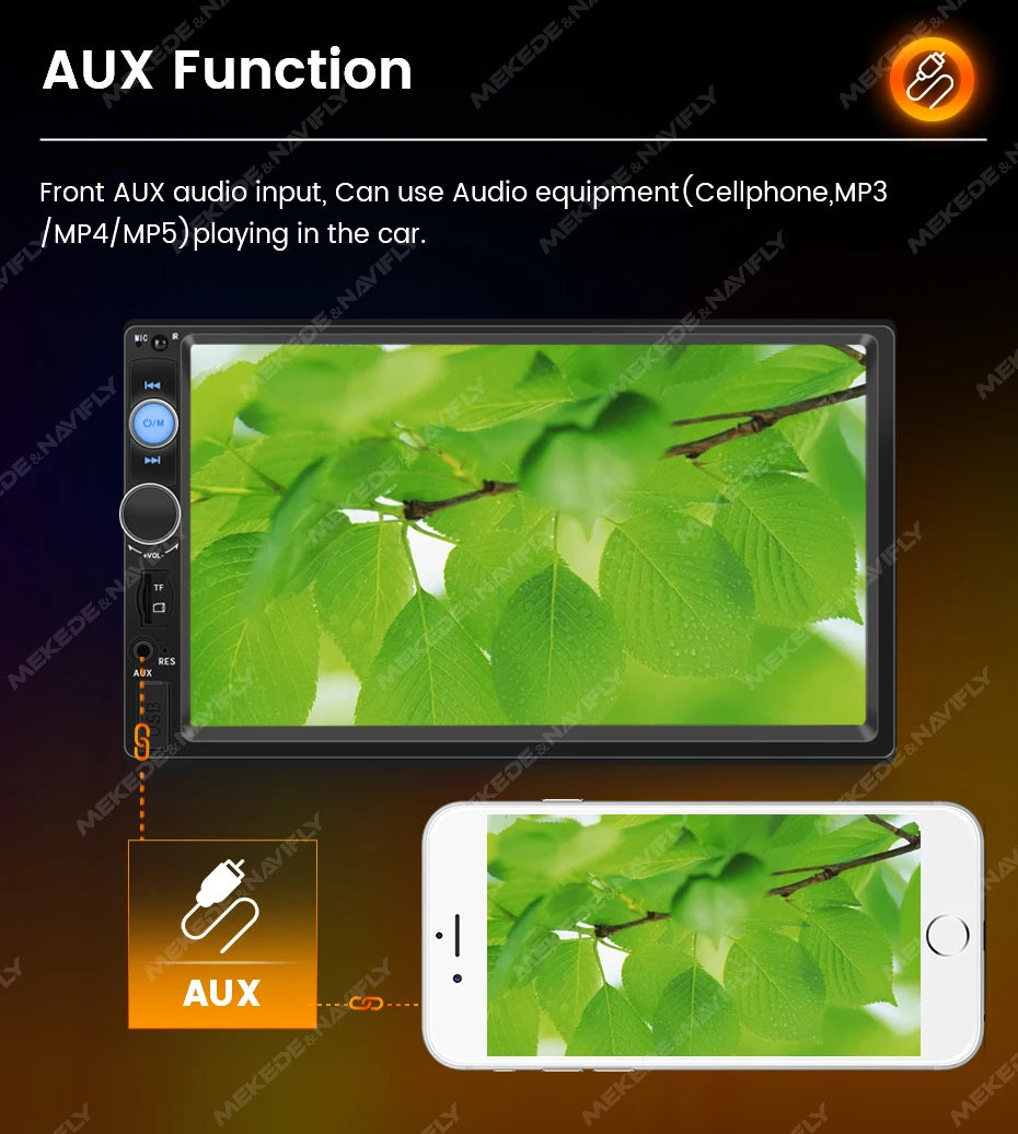 Front AUX audio input for connecting audio equipment.