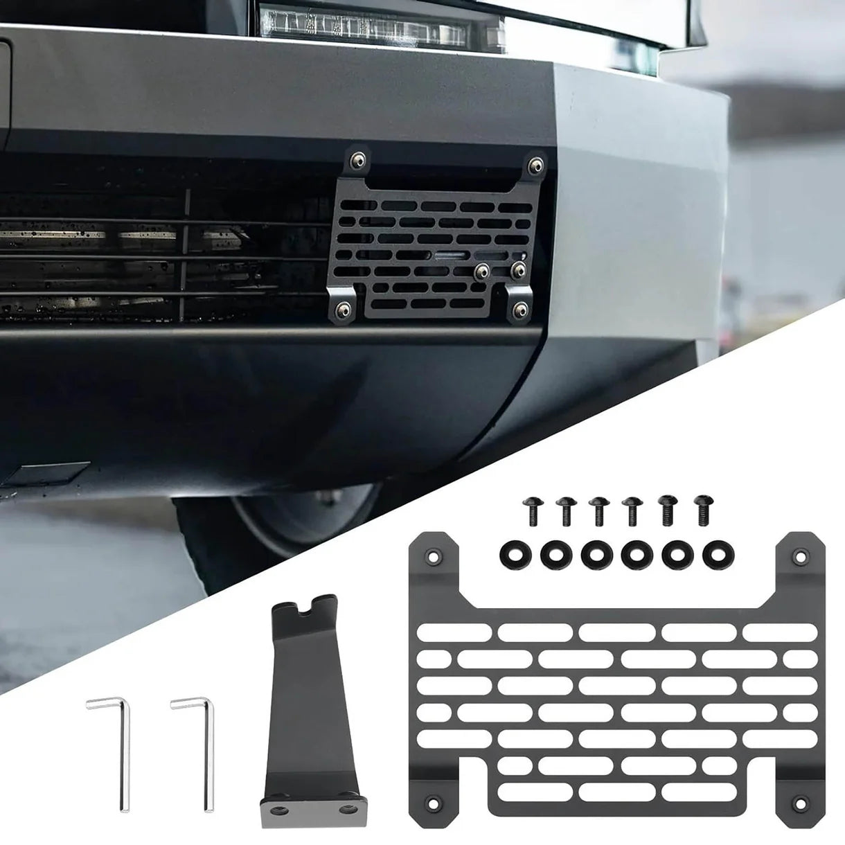 No-Drill Front License Plate Holder for Tesla Cybertruck (USA & Canada Version) – Removable Aluminum Front Plate Mount Bracket, OEM-Style Design, Tool-Free Installation