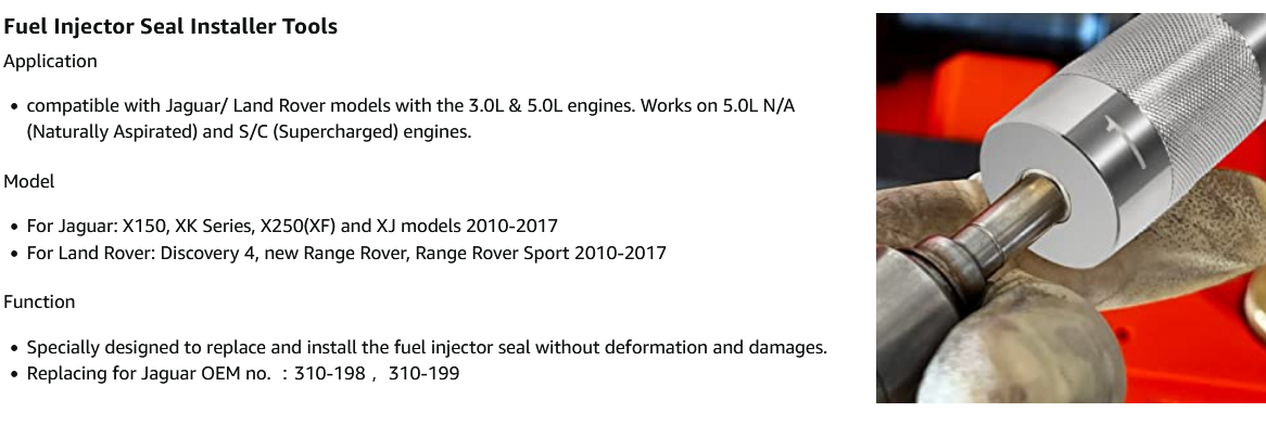 Fuel Injector Seal Installer Tool for Jaguar/Land Rover models, featuring 3.0L & 5.0L engines, including X150 and Discovery 4.