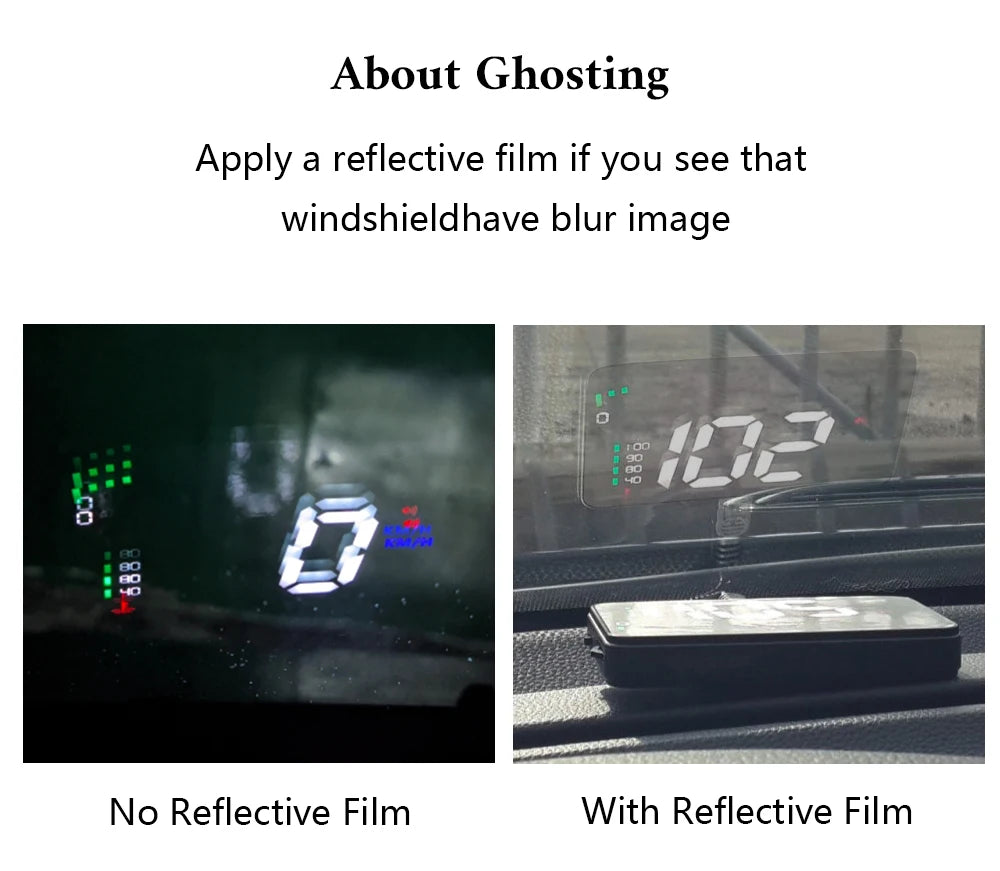 GEYIREN A900 Auto Hud, Apply a reflective film to the windshield to fix blurry images.