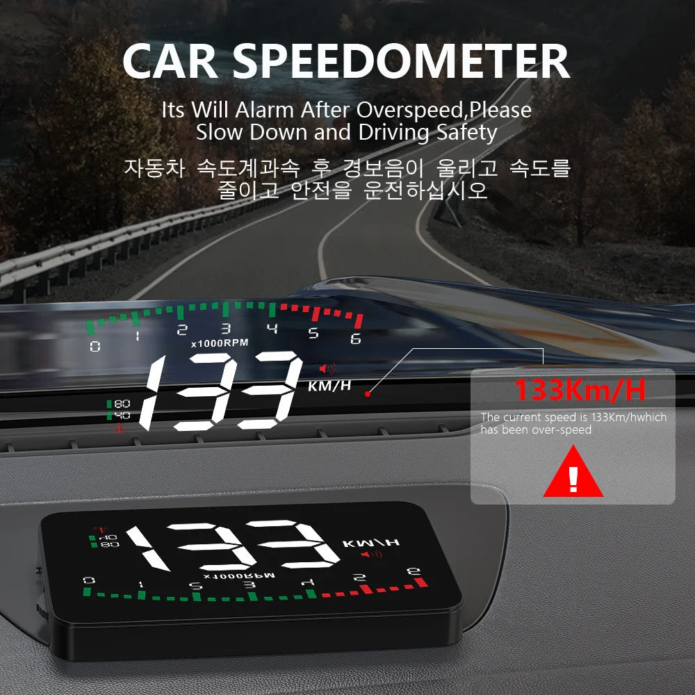 GEYIREN A900 Auto Hud, Car speedometer warning: slow down, current speed (133km/h) exceeds limit.