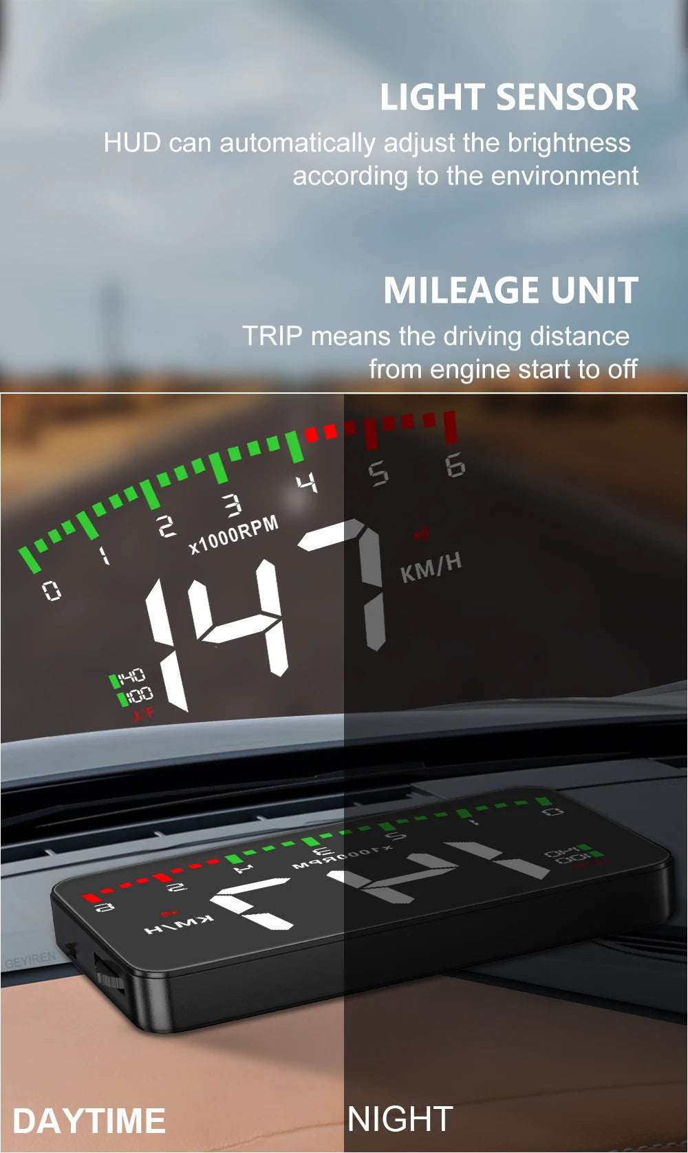 GEYIREN A900 Auto Hud, The A900 HUD features automatic brightness adjustment based on environment, mileage tracking, and day/night mode switching.