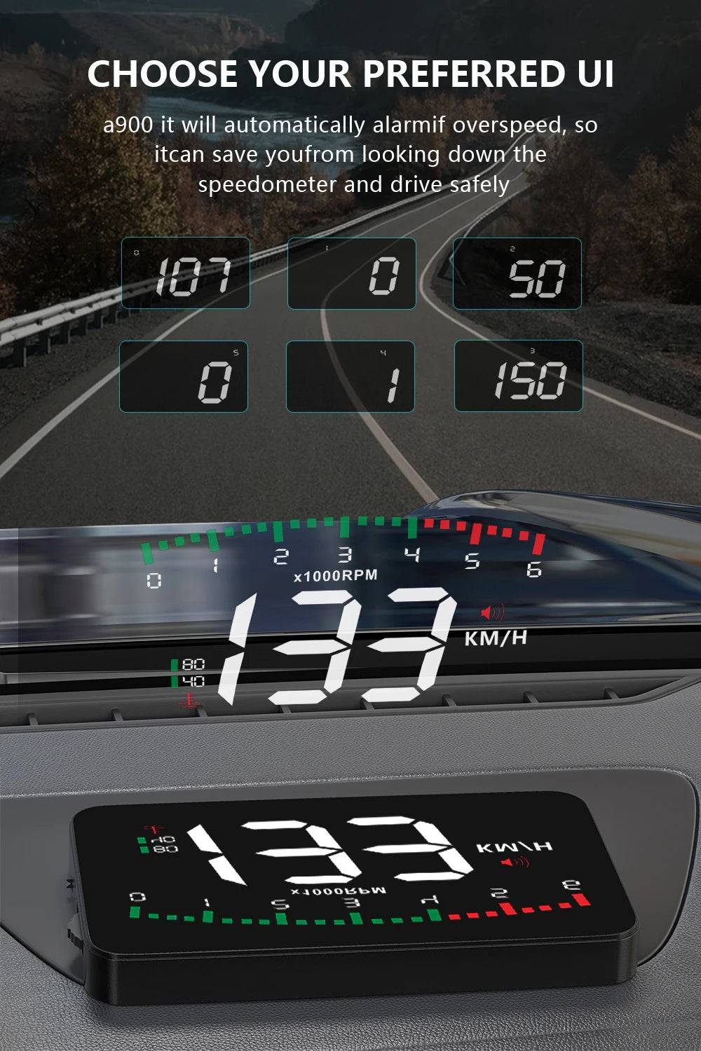 GEYIREN A900 Auto Hud, The A900 has an automatic alarm that warns of overspeed, allowing safe driving without needing to check the speedometer.