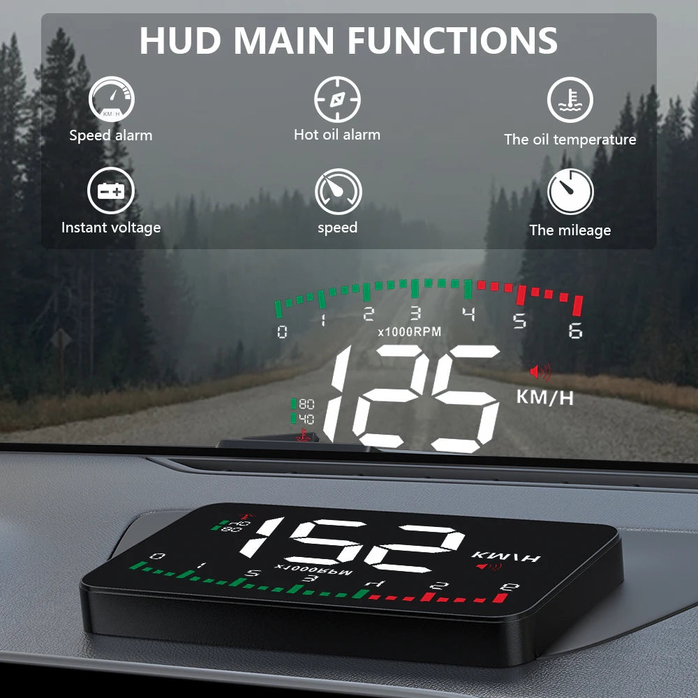 GEYIREN A900 Auto Hud, The HUD main functions include speed alarm, hot oil alarm, oil temperature, instant voltage speed, and mileage, with current values of 88 km/h, 40 P, 82 Kw, and 5 Nm/2.