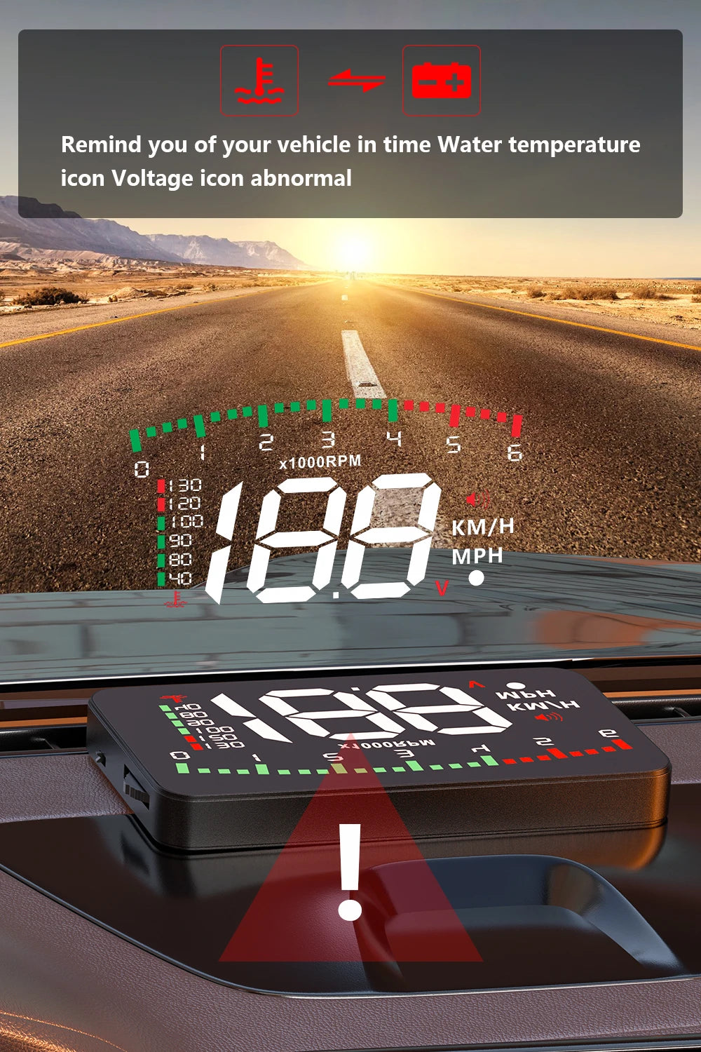 GEYIREN A900 Auto Hud, Vehicle status reminder with normal water temperature and voltage, no abnormal readings, speed at 30km/h, GPS unavailable and battery level at 3/8.