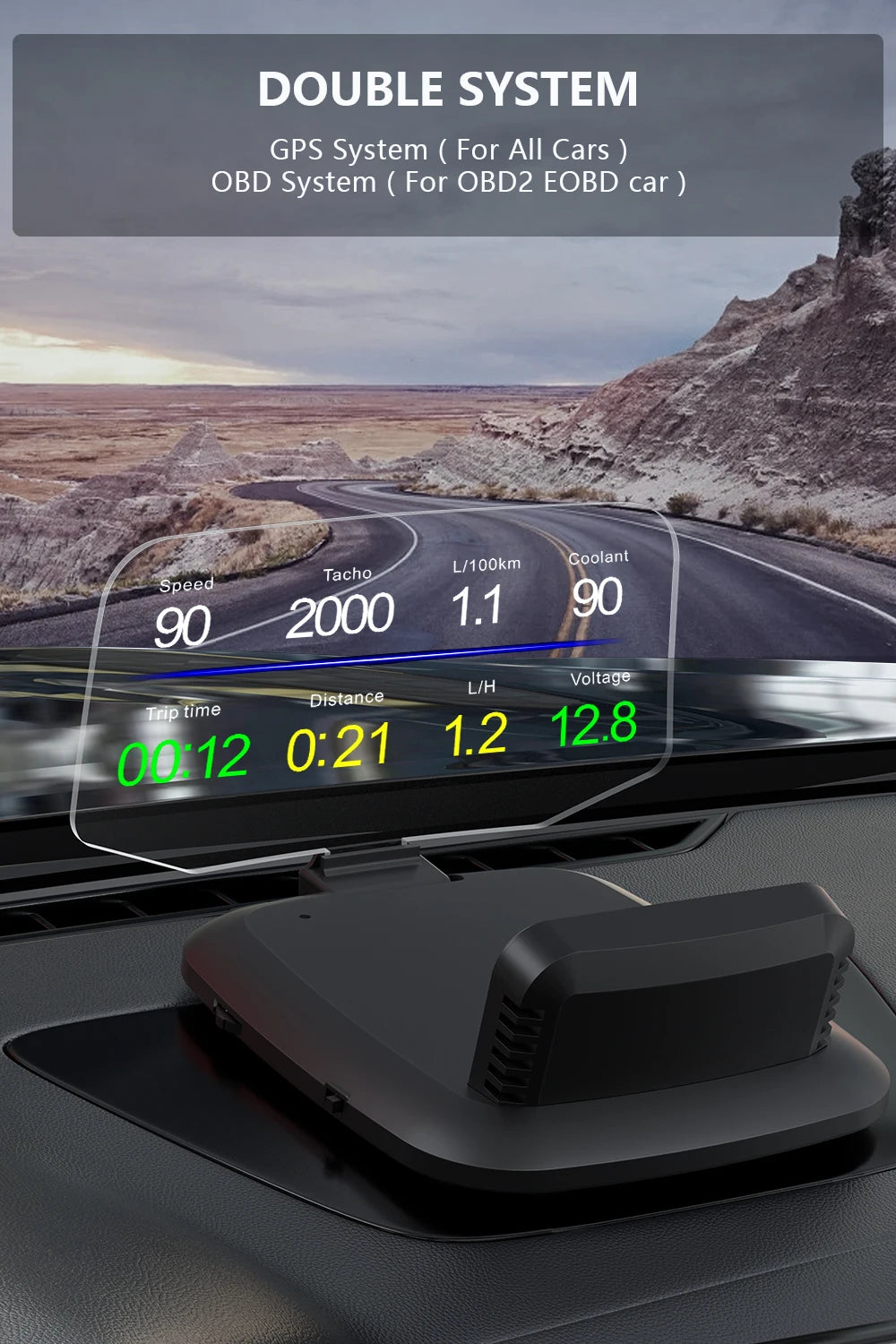 GEYIREN C1 OBD2 HUD, GPS for all cars with OBD system for OBD2 and EOBD compatible cars, featuring temperature, speed, and other data displays.