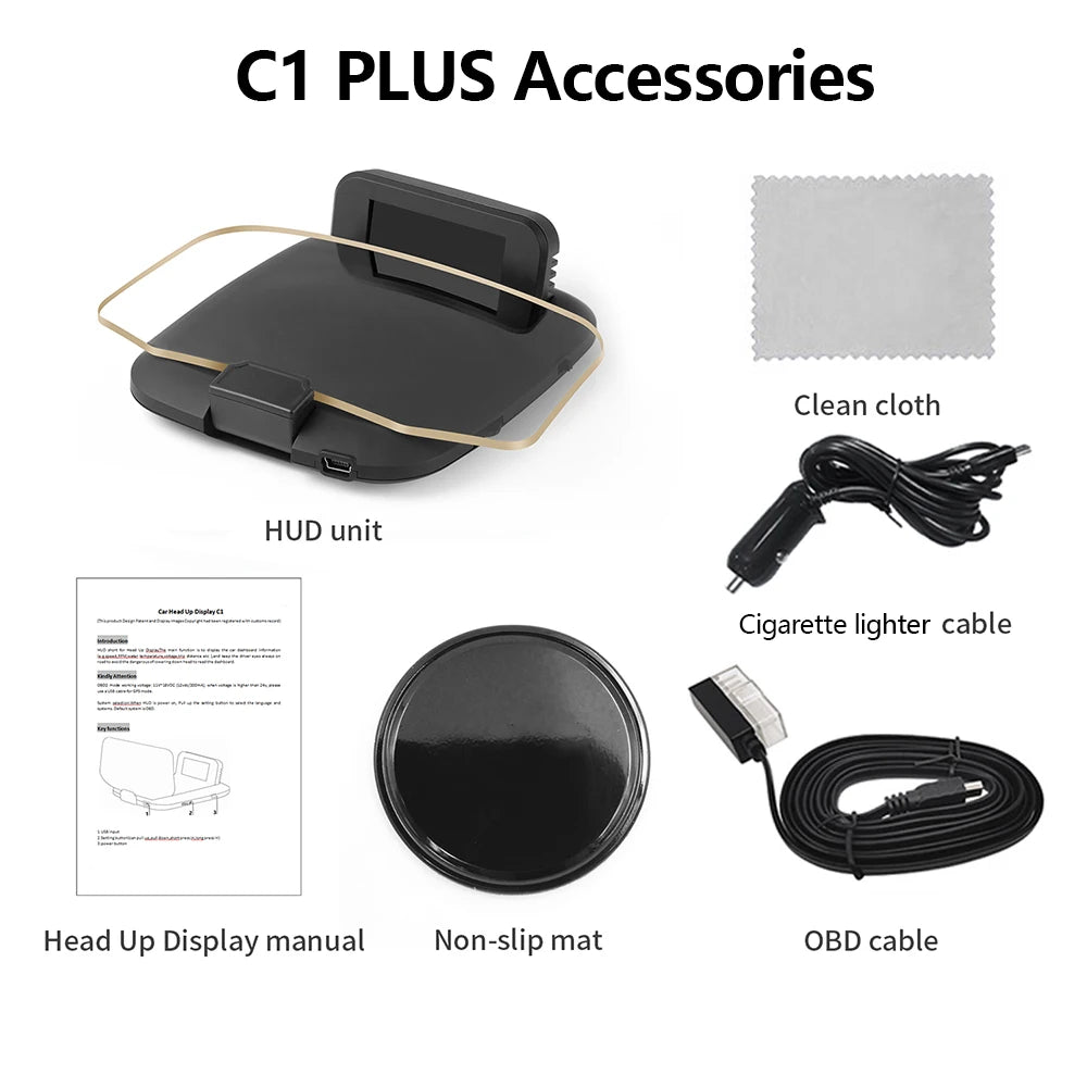 GEYIREN C1 OBD2 HUD, The C1 Plus accessories include a clean cloth, HUD unit, cables, manual, and non-slip mat for a complete kit.