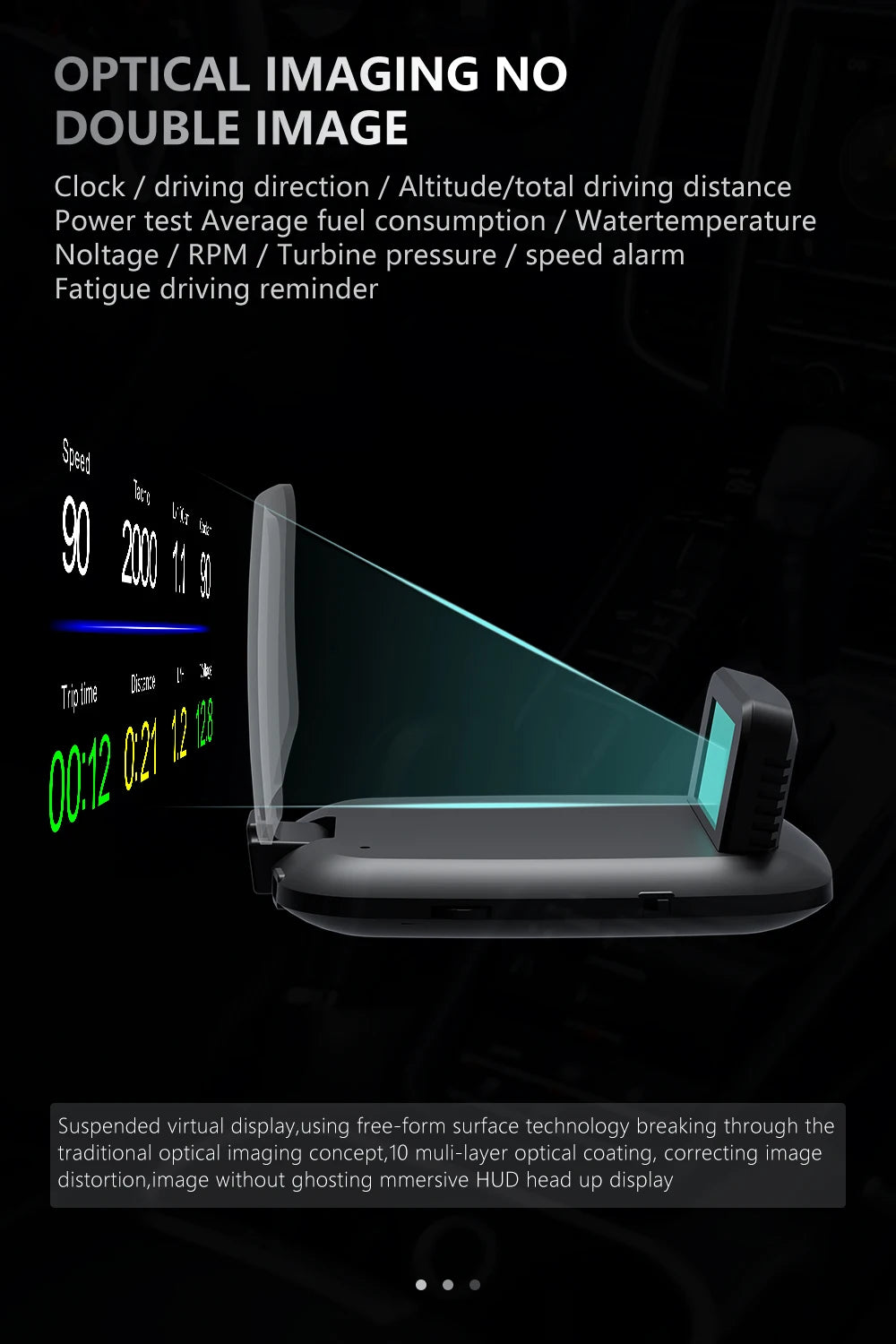 GEYIREN C1 OBD2 HUD, Optical Imaging technology provides high-speed HUD display with multi-layer coatings and suspended virtual display.