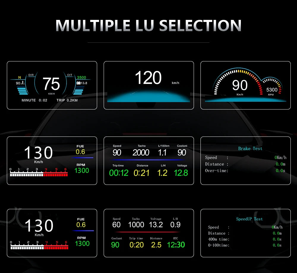 GEYIREN C1 OBD2 HUD, Multi-lane selection direction data including maximum speed, trip distance, fuel consumption, and brake test data from Wacho Eeemen Coqiani.