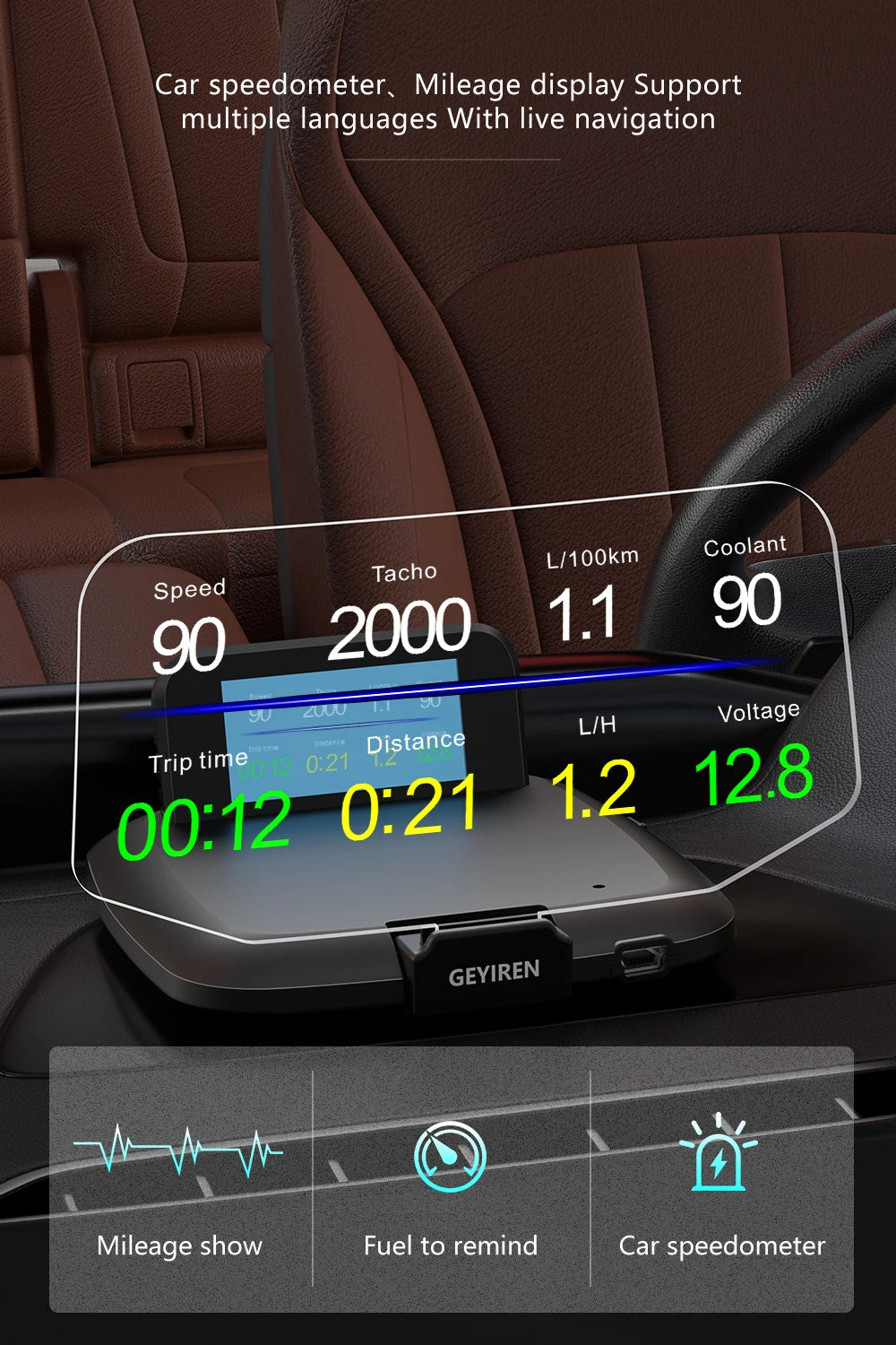 The GEYIREN C1 OBD2 HUD product displays car speedometer and mileage, with live navigation and multi-language support.