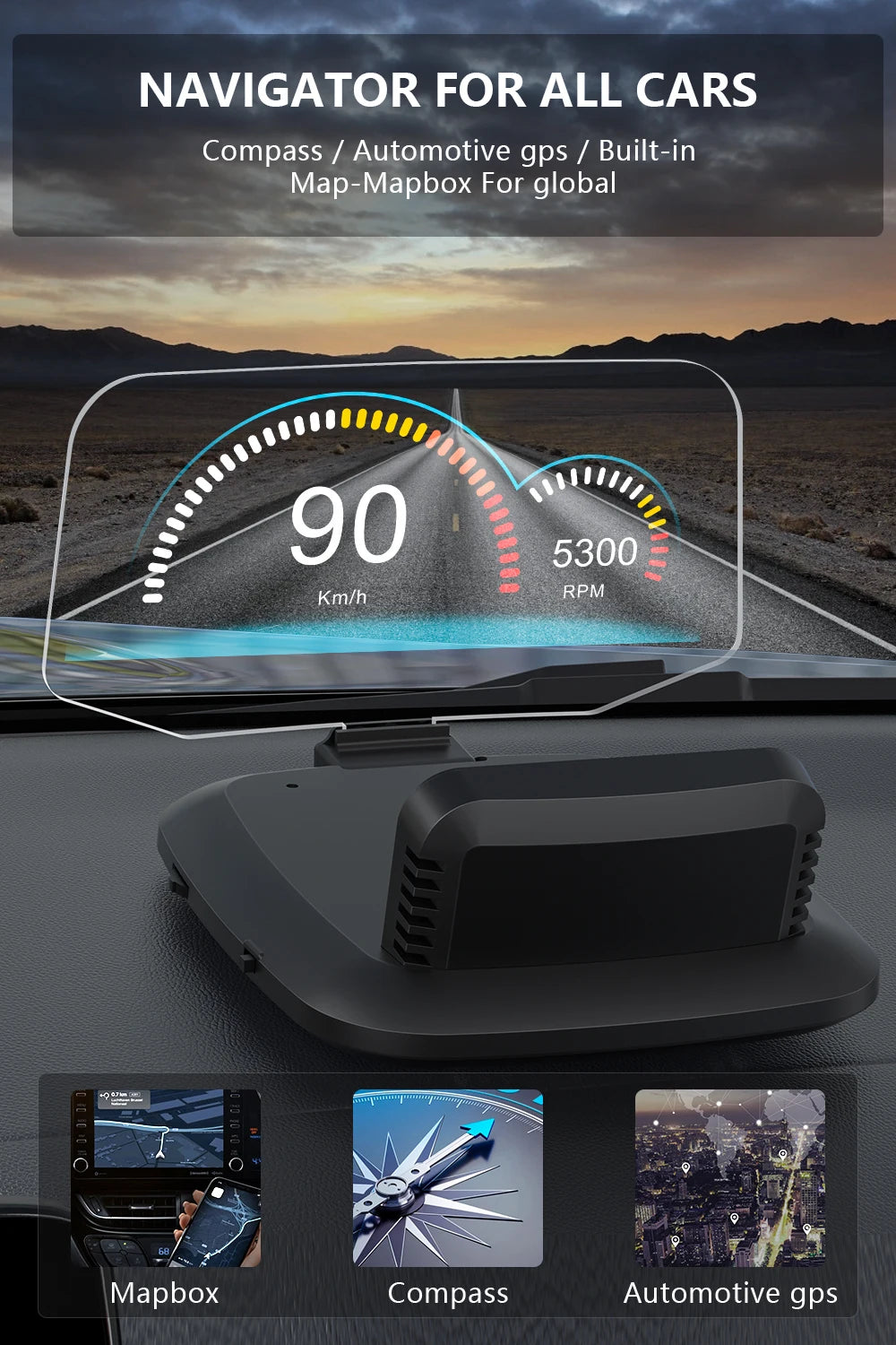 GEYIREN C1 OBD2 HUD, GPS navigator for cars with global maps, high-speed support, and Mapbox technology.